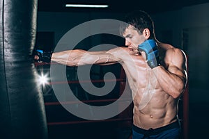 Young Male boxer using a punching bag in gym.