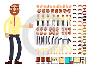 Young male businessman character with gestures set for animation. Vector creation constructor