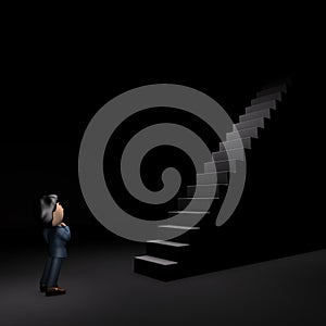 Young male businessman looking up in front of a big long stairs. Dark background. 3D illustration