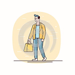 Young male cartoon character walking casually, holding shopping bag, dressed yellow jacket blue photo