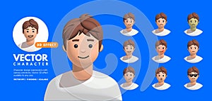 Young Male Character 3D Effect Avatar With Various Expressions Set