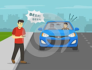 Young male character crossing the road while using mobile phone in front of a car. Angry male car driver is honking horn.