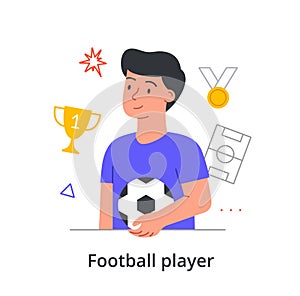 Young male character is enjoing is making a career of playing football on white background