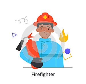 Young male character is enjoing working as a firefighter on white background