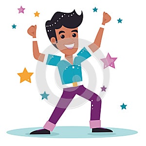 Young male character exudes happiness, performing cheerful dance among stars. Animated dancer