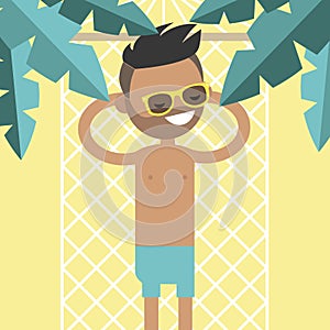 Young male character lying in a hammock under the palm trees. To