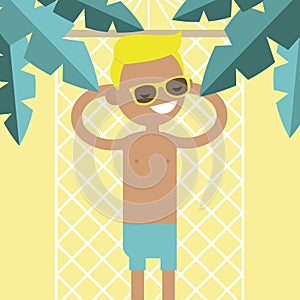 Young male character lying in a hammock under the palm trees. To