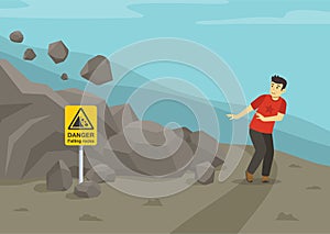 Young male character scared of falling rocks. Landslides and rockfalls on the road in the mountains. Warning sign meaning.