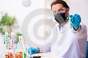 Young male chemist in drug synthesis concept