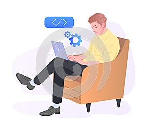 Developer working on laptop. Vector illustration