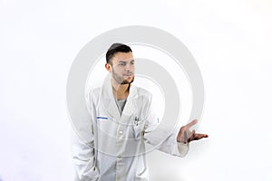 Young male doctor with beard engaging in conversation isolated on white background