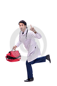 The young male doctor paramedic isolated on white