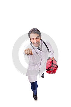 The young male doctor paramedic isolated on white