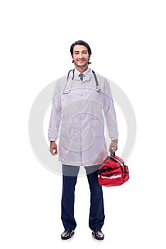 The young male doctor paramedic isolated on white