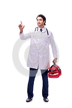 The young male doctor paramedic isolated on white