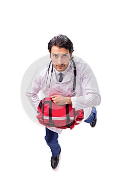 The young male doctor paramedic isolated on white