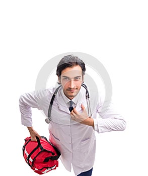 Young male doctor paramedic isolated on white