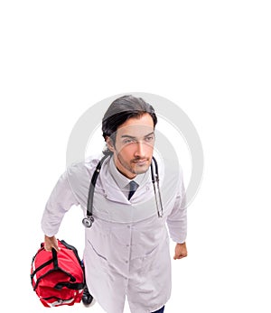 Young male doctor paramedic isolated on white