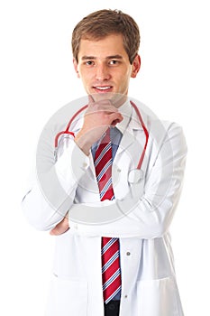 Young male doctor with stethoscope, isolated
