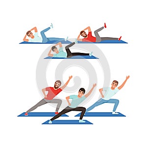 Young Male Doing Abdominal Crunches and Stretching on Mat Vector Set