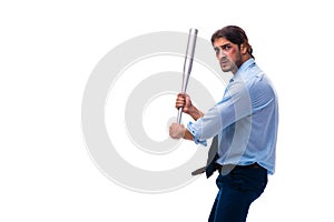 Young male employee holding baseball bat isolated on white