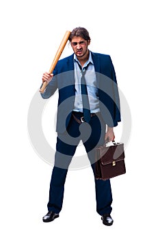 Young male employee holding baseball bat isolated on white