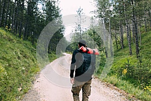 Young male explorer walking on the dirt road through the forest