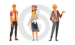 Young Male and Female Architect and Engineer Worker in Hard Hat Standing with Draft and Blueprint Vector Set