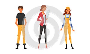 Young Male and Female Architect and Engineer Worker in Overall and Hard Hat Standing with Draft and Blueprint Vector Set