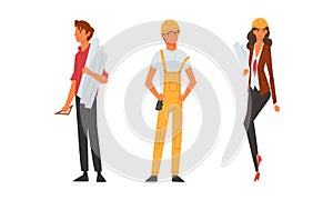 Young Male and Female Architect and Engineer Worker in Overall and Hard Hat Standing with Draft and Blueprint Vector Set