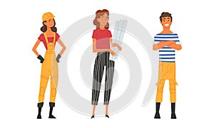 Young Male and Female Architect and Engineer Worker in Overall and Hard Hat Standing with Draft and Blueprint Vector Set