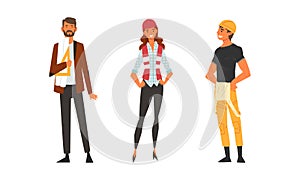 Young Male and Female Architect and Engineer Worker in Overall and Hard Hat Standing with Draft and Blueprint Vector Set