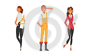 Young Male and Female Architect and Engineer Worker in Overall Standing with Draft and Blueprint Vector Set