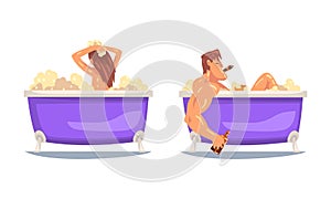 Young Male and Female Bathing in the Bathtub Washing His Body with Soap Vector Set
