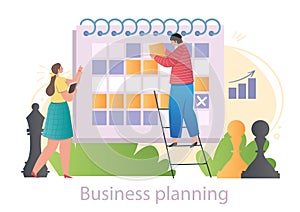 Young male and female characters are planning business events with calendar together on white background
