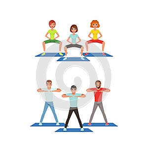 Young Male and Female Doing Physical Exercises on Mat During Aerobics Class Vector Set