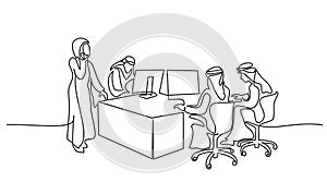 Young male and female muslim employees in office. Saudi Arabia cloth hijab, kandora, headscarf, ghutra