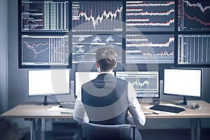 A young male financial analyst analyzes graphs on a monitor, sitting at a desk in the office, a view from the back