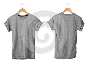Young male in gray t-shirt Roll up sleeves template tranparent background tee wooden hanger on empty background for man design