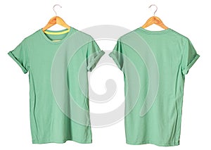 Young male in green t-shirt Roll up sleeves template tranparent background tee wooden hanger on empty background for man design