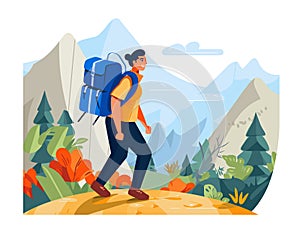 Young male hiker trekking mountainous area vibrant nature scene. Man large backpack hiking solo photo