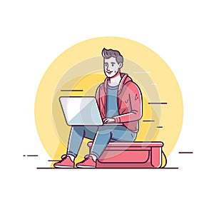 Young male illustrated character sitting casually working laptop, digital nomad lifestyle concept photo