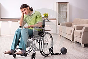 Young male invalid in wheel-chair suffering at home