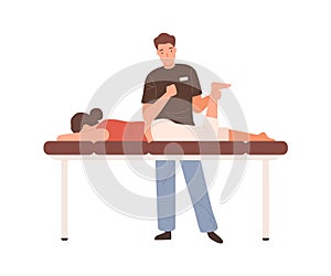 Young male massagist or osteopath doing manual massage. Professional physiotherapist or chiropractor working. Flat photo