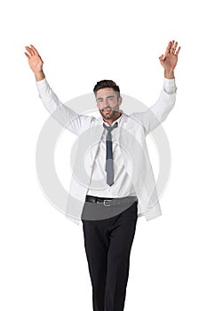 Male medical doctor with raised arms