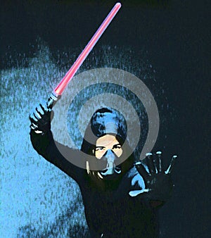 Young male model with mask posing with light saber. Fantasy, Halloween, Sci-Fi concept.