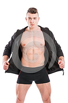 Young male model wearing open hoodie and underwear photo