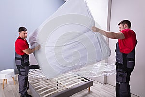 Young Male Movers Placing The Mattress Over The Bed