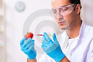 Young male nutrition expert testing food products in lab