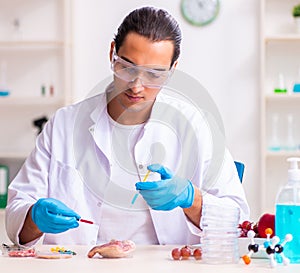 Young male nutrition expert testing food products in lab